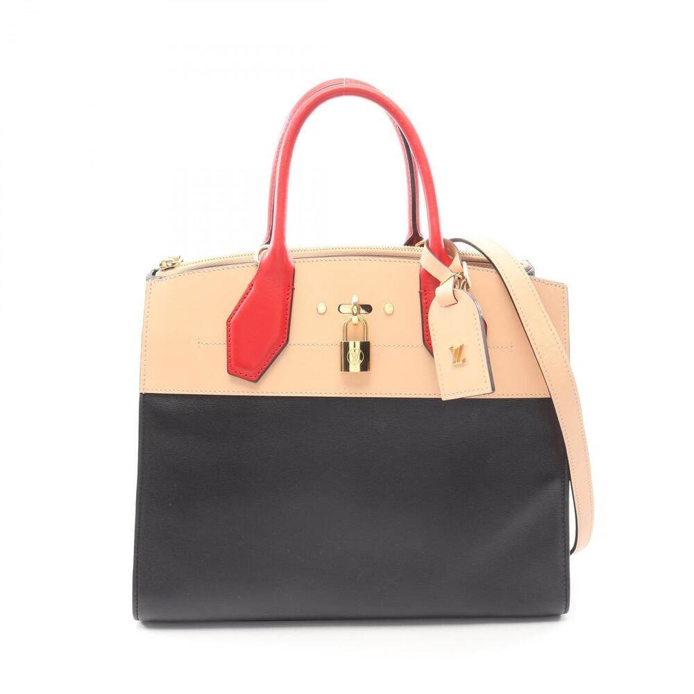 Louis Vuitton City Steamer Handbag Leather Black Beige Red